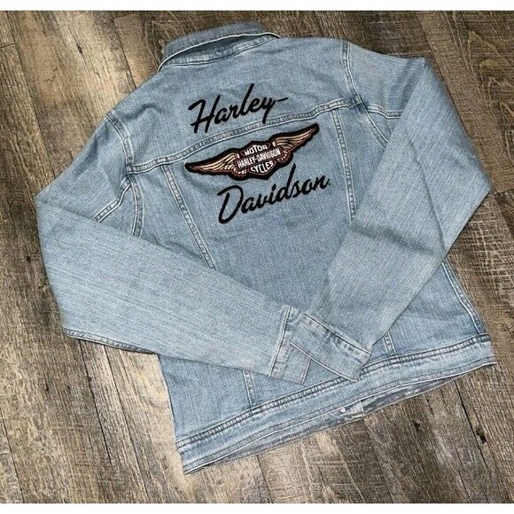 NEW HARLEY DAVIDSON EMBROIDERED WOMEN'S M SILVER WING STRETCH BLACK DENIM JACKET - Picture 9 of 12